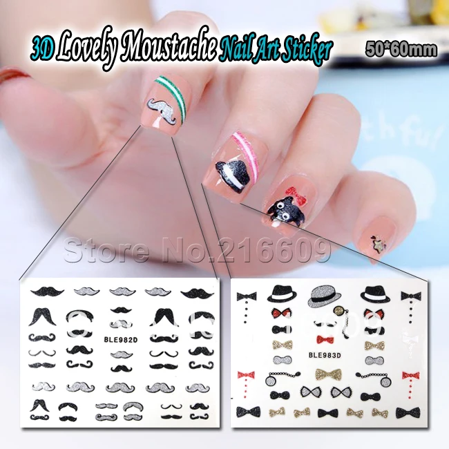 Nail Decal 20Sheets/Lot Bow Moustache Nail Decal Glitter Powder Design 3D Nail Art Sticker Decoration BLE981D+BLE982D+BLE983D