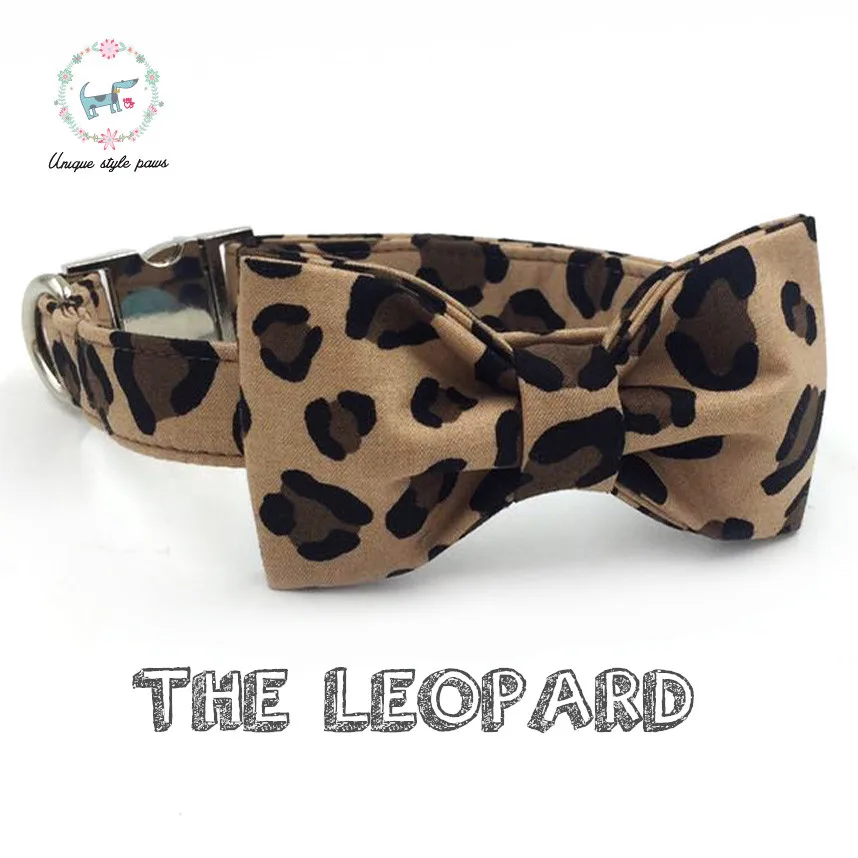 

Unique Style Paws Leapard Print Dog Collar with Bow Tie Cotton Fabric Dog &Cat Necklaceor Dog Leash