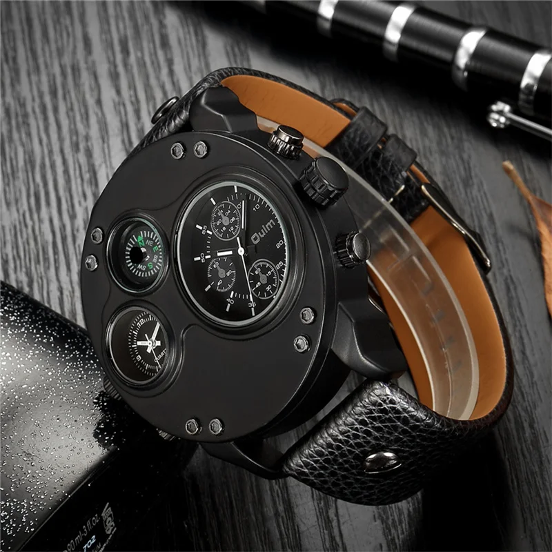 Oulm Unique Sport Watches Men Luxury Brand Two Time Zone Wristwatch Decorative Compass Male Quartz Watch relogio masculino