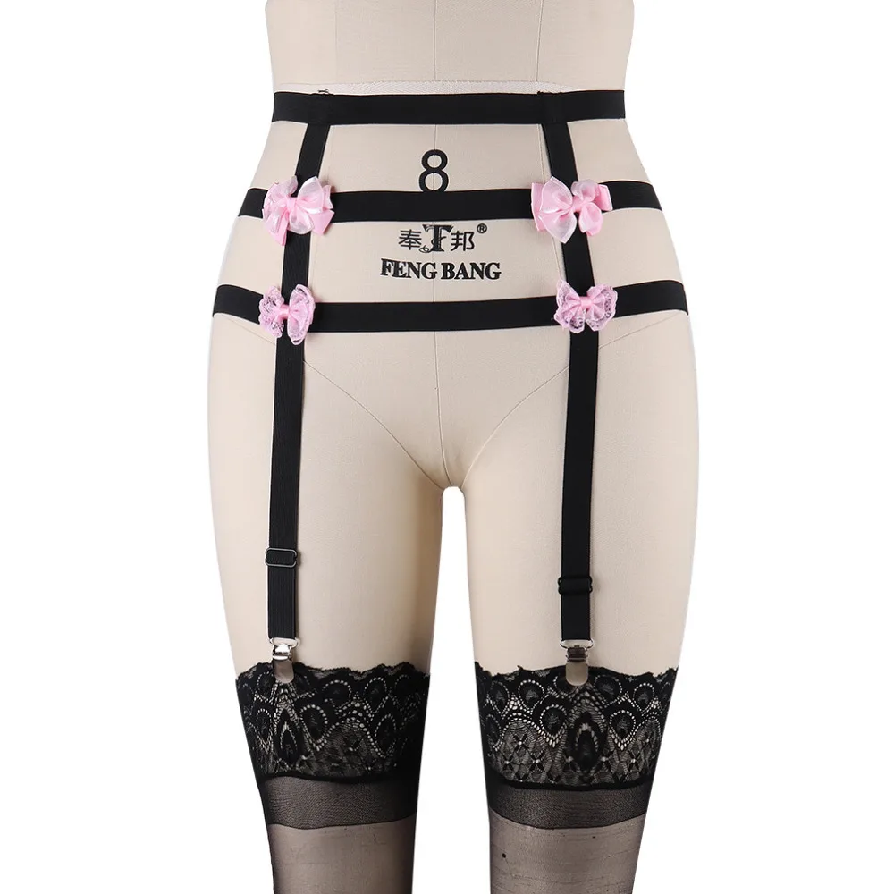 

Women pastel goth liguero fetish Bow garter belt stocking body harness strap bra rave wear harness bondage lingerie cage bra