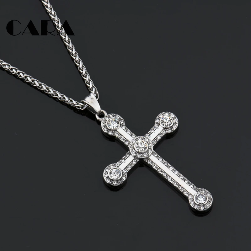 NEW arrival 316L stainless steel rhinestone cross necklace pendant Christian cross pendant snake chain hip hop necklace CAGF0326