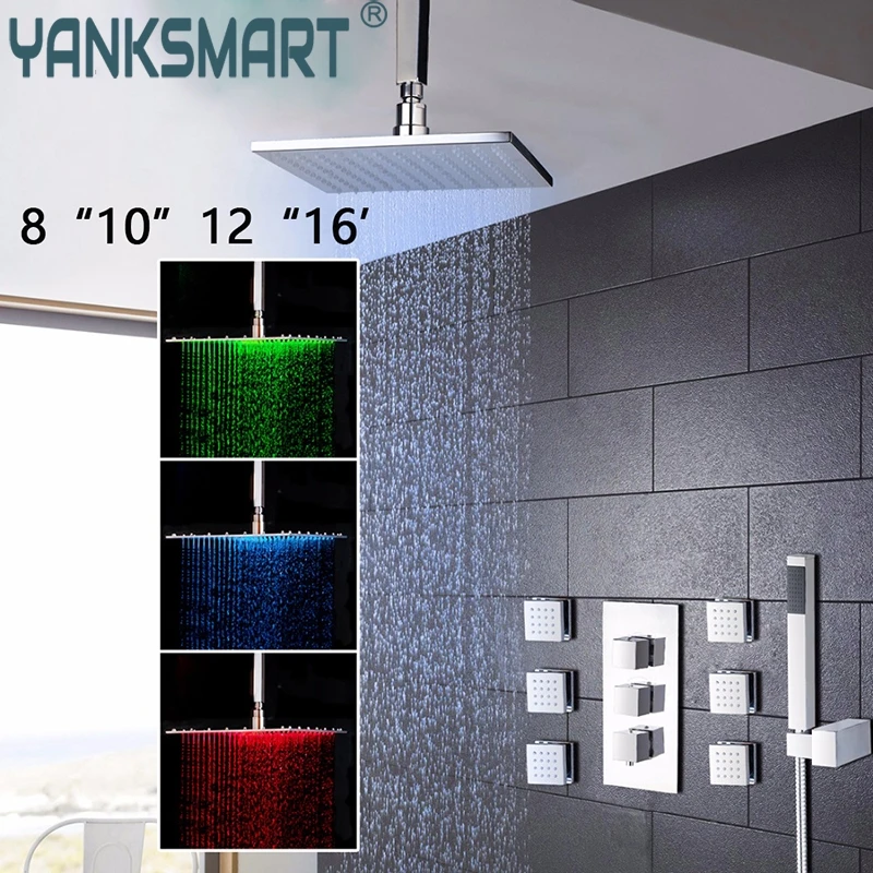 Yanksmart Bathroom 8 10 12 16 inch LED Chrome Shower Faucet Set Thermostatic Valve Mixer Tap W/ 6 Message Jets Shower Set