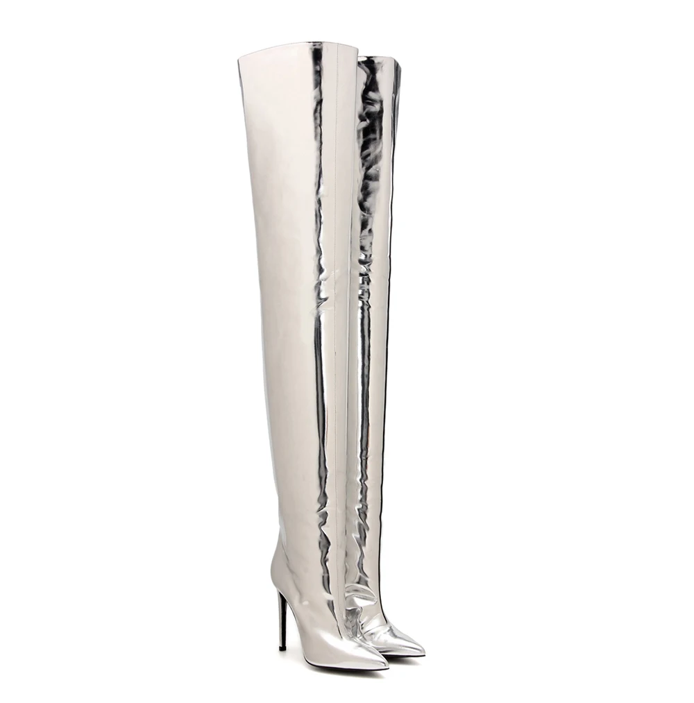 2021 Silver Metallic Thigh High Boots For Women Superstar Shoes Pointy Toe Thin Heel Mirror Patent Leather High Heel Long Boots