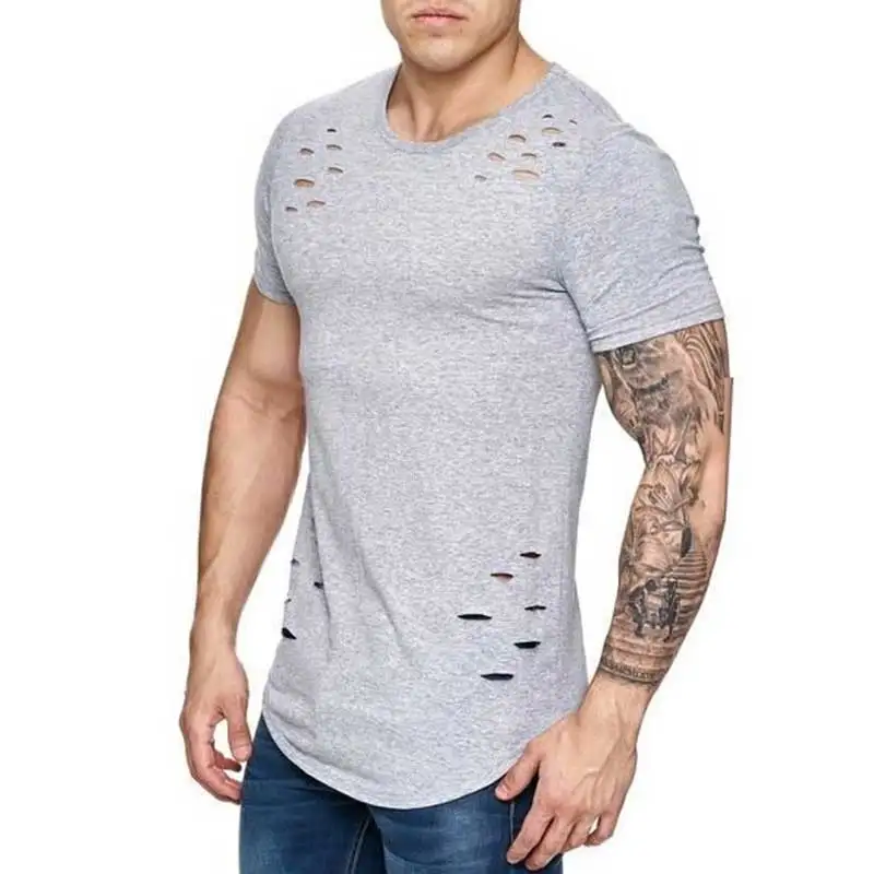 2023 New Summer Short Sleeve T Shirt Men Fashion Hole Designed Fitness T-shirt Solid Color Slim Fit Hip Hop men\'s tshirt  MY068