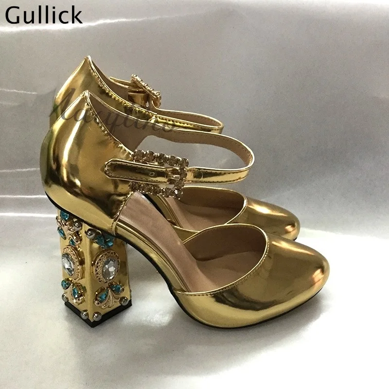 Gullick 2018 New Fashion Luxury Crystal Decor High Chunky Heels Women Golden Sliver Pumps Party Wedding Dress Shoes Sweet Style