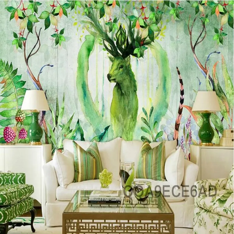 wellyu Customized large murals painted hand-painted succulent plants American Retro Pastoral deer head sofa wallpaper