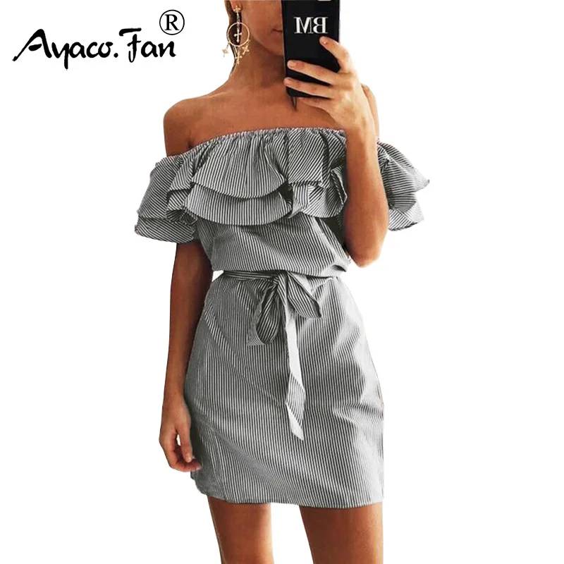 

Off Shoulder Strapless Striped Ruffles Dress Women Sexy Summer Sundresses Slim Beach Casual Shirt Short Mini Party Dresses