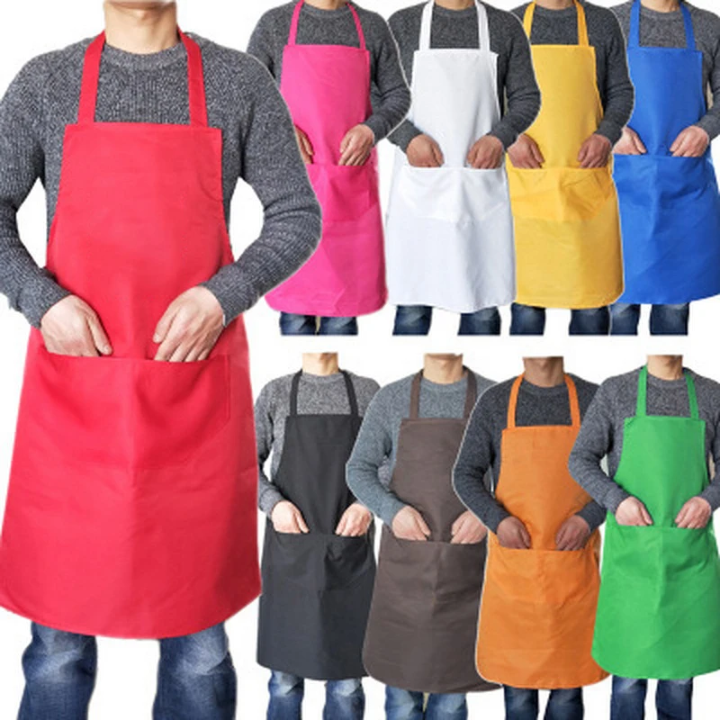 Kitchen Apron Pure Color with Double Pocket for Home Cleaning Washing Helper Cotton Polyester for Woman Men Cooking Apron