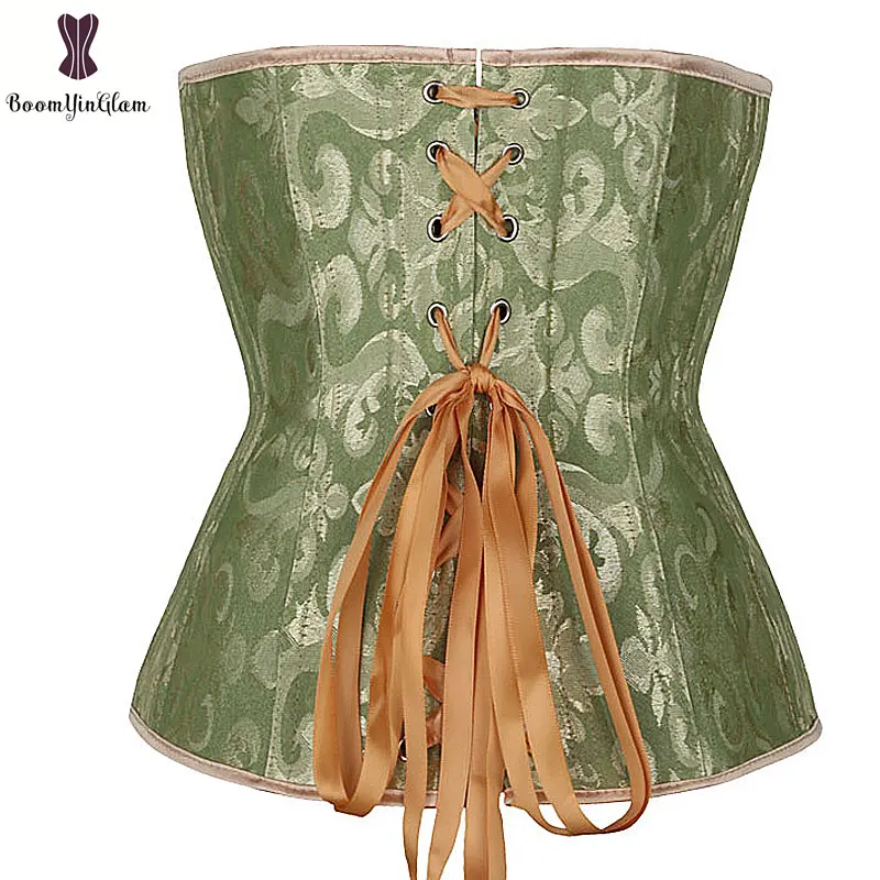 Espartilho Jacquard Floral Verde, Underbust Push Up Espartilhos, Plástico desossado Bustier, Plus Size, Cincher monocromático da cintura com