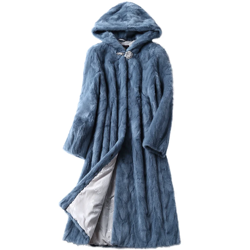 

Luxury Genuine Sliced Mink Fur Coat Jacket With Hoody Winter Women X-Long Outerwear 3XL LF5169