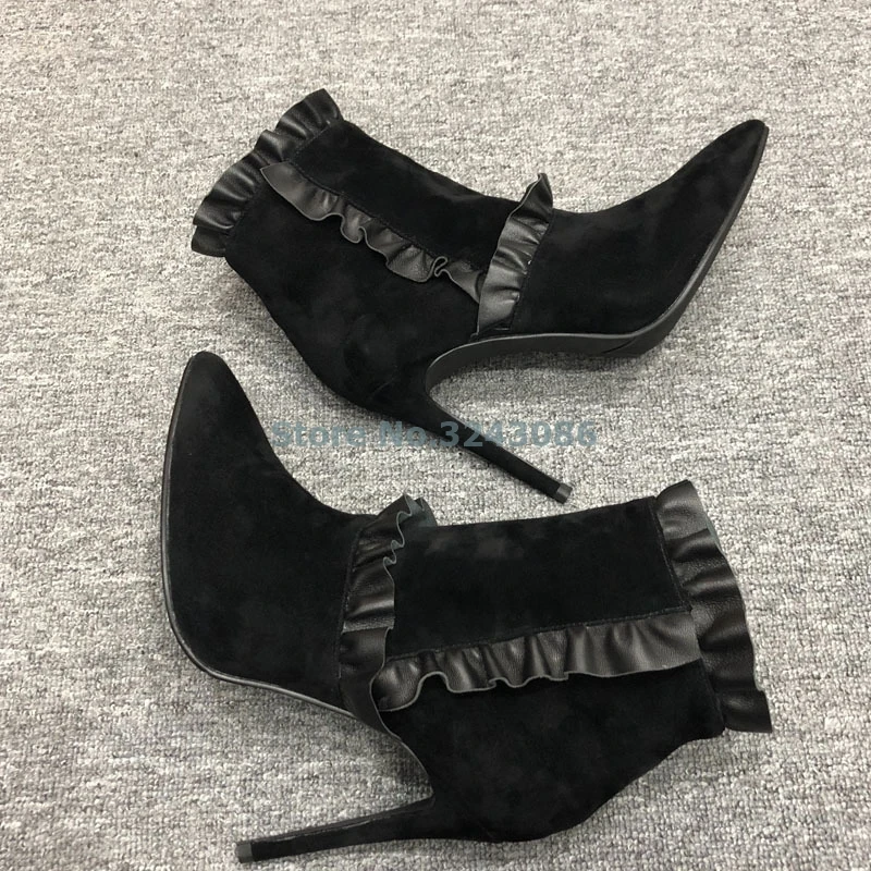 Hitam Kulit Imitasi Kerutan Tipis High Heel Sepatu Menunjuk Toe Kulit Anklle Sepatu Lipatan Kembali Zipper Elegan Wanita Sepatu