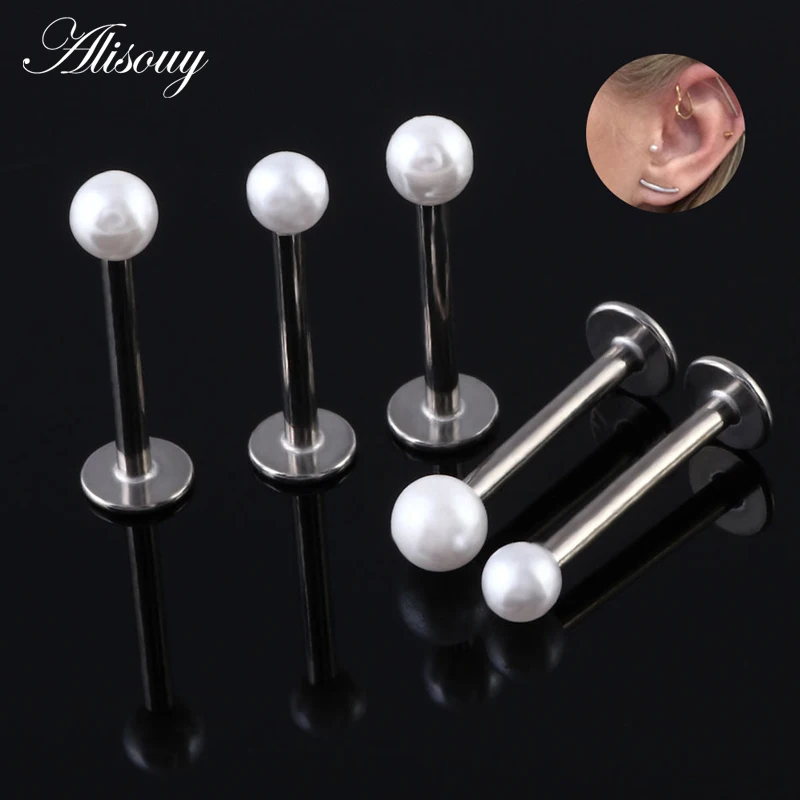 Alisouy-Piercing de acero con bola de perla falsa de 3mm, anillo Labret, barra para labio, cartílago de oreja, Tragus, joyería, gran oferta, 1 ud.