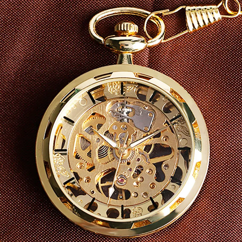 Vintage Gold Transparent Skeleton Pocket Watches Steampunk Hand Winding Mechanical Pocket Watch Fob Clock Men Gift DAD Jewelry