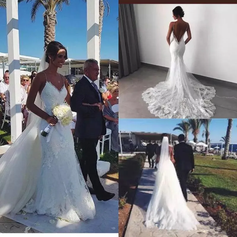 Sexy espaguete renda vestidos de casamento com destacável tule trem sem costas rendas appliqued país vestido de casamento para nupcial