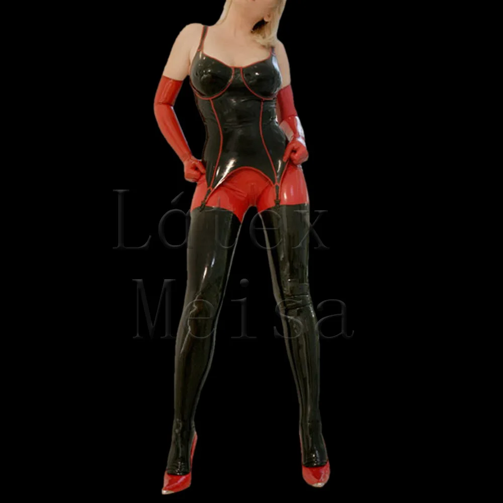 Sexy women's Fetish latex suit set of slip dress,leggings and long finger gloves for club decorations