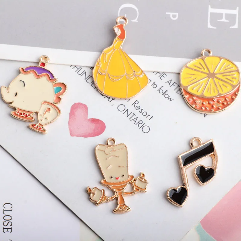 10Pcs Korean Candlestick Lady Note Teapot Orange Enamel Charms Gold Tone Oil Drop Fit DIY Bracelet Floating Charms YZ445