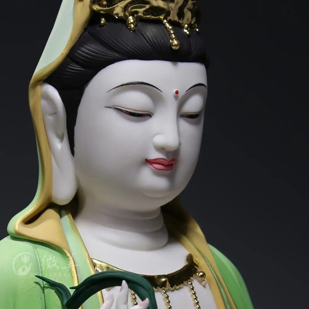 Dehua ceramics 10 inches to 17 inches of Guanyin sitting on the lotus Sam west mineral color Guanyin Buddha Avalokiteshvara