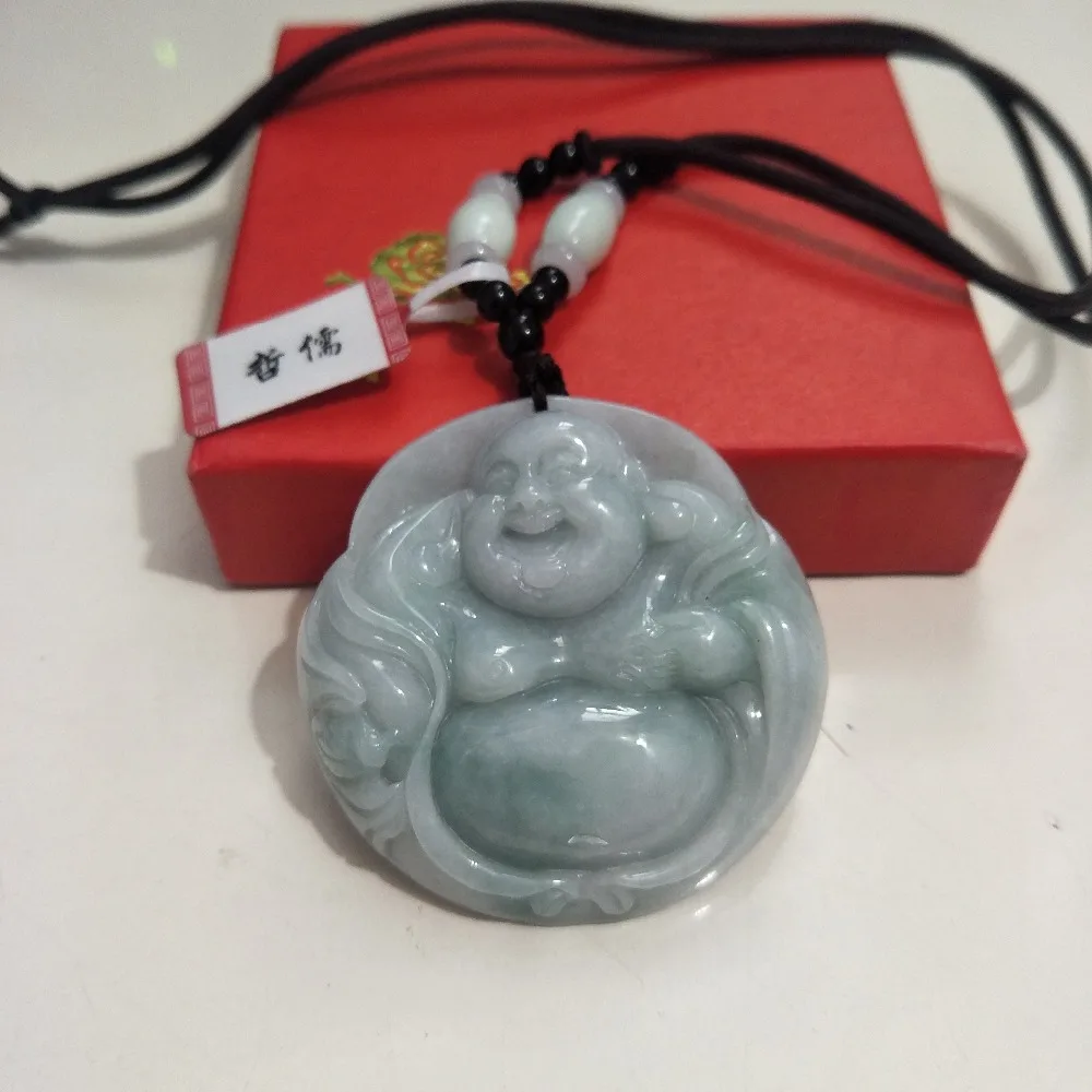 Factory price natural stone carving light green Happy Buddha Pendant with hand-woven Brown rope necklace for men and women gifts