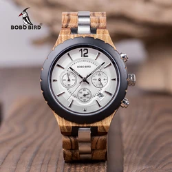 BOBO BIRD Wood Watch Men Business Watches Stop Watch Chronograph With Wood Stainless Steel Strap relogio masculino V-R22