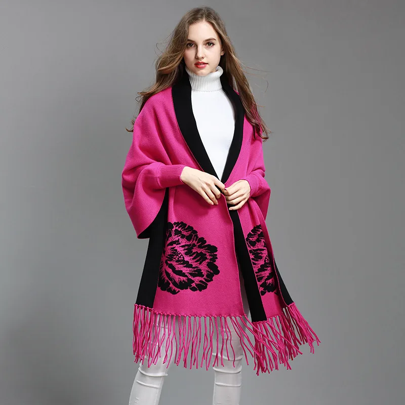 

Women Batwing Sleeves Two Color Out Street Knitwear Shawl Oversize Double Side Scarf Winter Knitted Peony Floral Poncho Cape