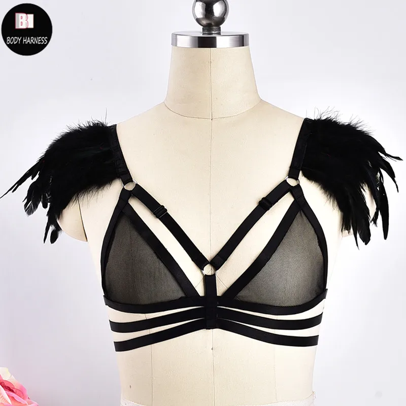 

Sexy Black Feather Body Harness Cage Angel Wings Women Elastic Adjust Rave Wear Perspective Crop Top Harness Bra