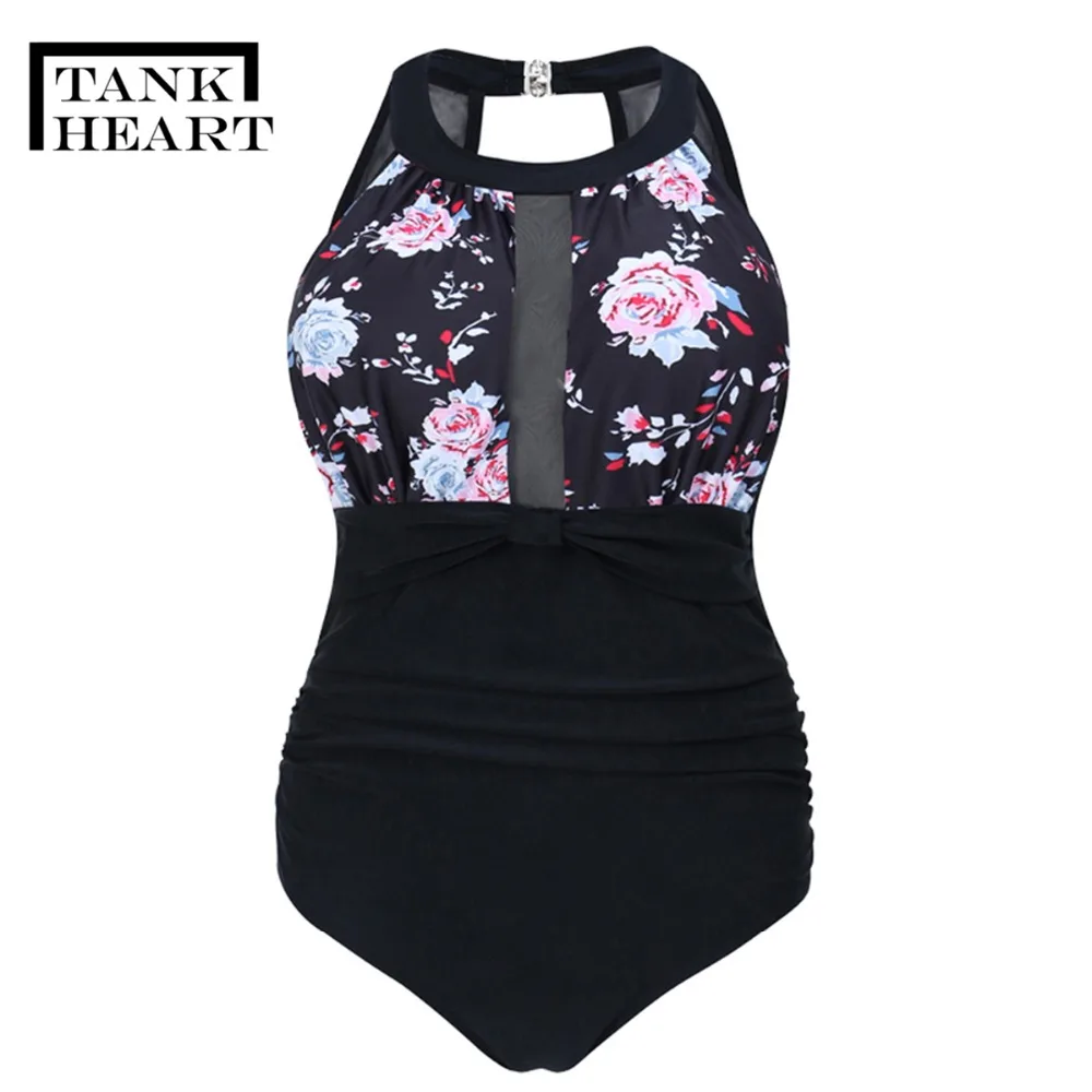 Tank Heart Sexy Potos One-Piece Suits Monokini Plus Size Swimwear Women One Piece Swimsuit female Retro Print Badpak Swim suit