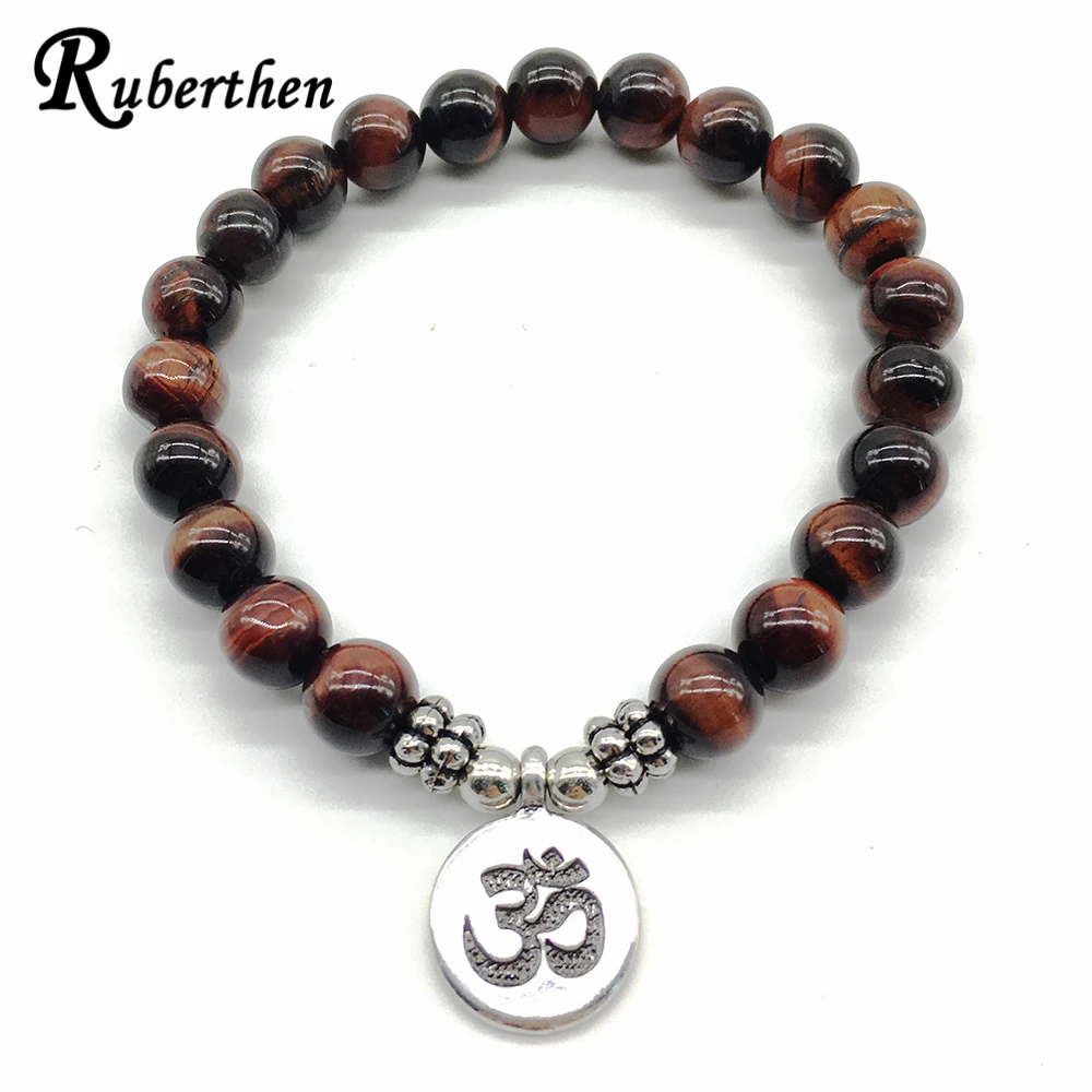 Ruberthen Mens Bracelet Red Tiger Eye Ohm Charm Bracelet Trendy Natural Stone Jewelry Meditative Wish Bracelet