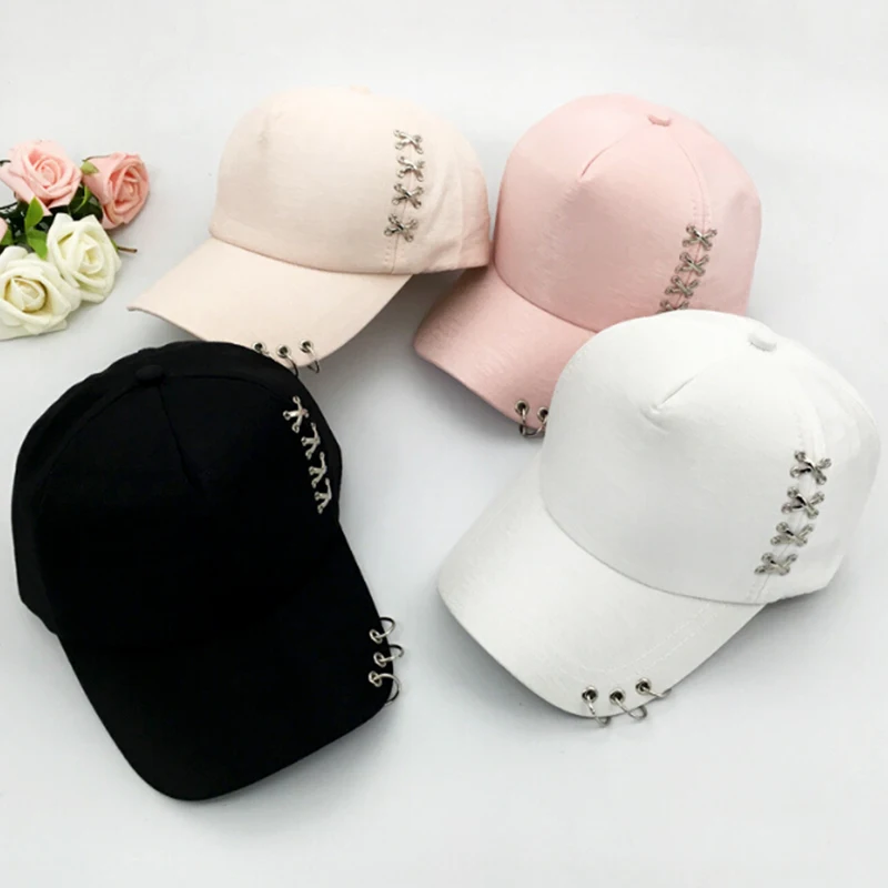 Adjustable Cotton Hip Hop Caps Unisex Hat Casual Solid Color UV Protections Piercing Ring Baseball Cap Metal Hip-hop Style