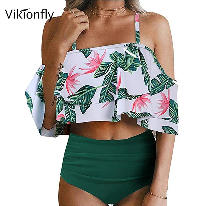 Vikionfly Ruffle High Waist Swimsuit Bikini 2021 Women Bathing Suit Sexy Hot Plus Size Swimwear Swimming Suit For Ladies XXL