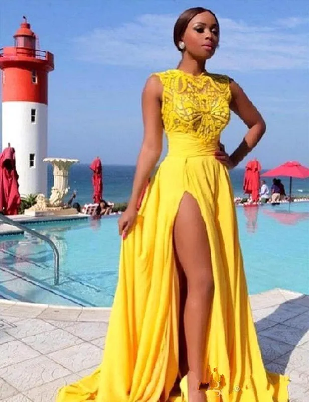 Bright Yellow Prom Dresses Side Split Chiffon Lace Appliques Dubai Evening Gowns 2019 Sheer Sexy Party Gowns