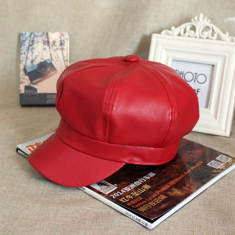 HT1368 Plain Leather Beret Caps Men Women Vintage Artist Painter Octagonal  Caps Solid Autumn Winter Hats Black Red Grey