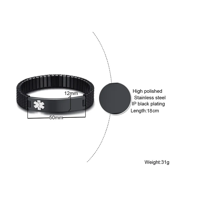 Free Custom Medical Alert ID Tag Bracelets DIY Engraved Name Stainless Surgical Steel IP Plated Black Color Stretch Bracelet