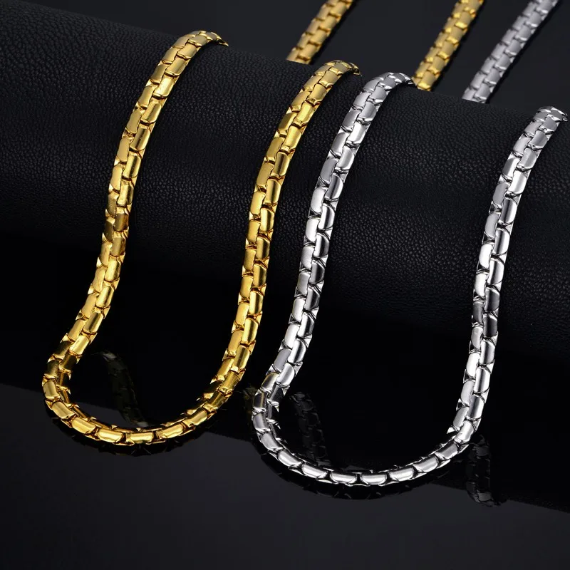 Dropshipping Hip Hop Chain 6mm Gold Color Stainless Steel Necklace Male Wholesale Flat Box Link Womens Mens Chain 20\