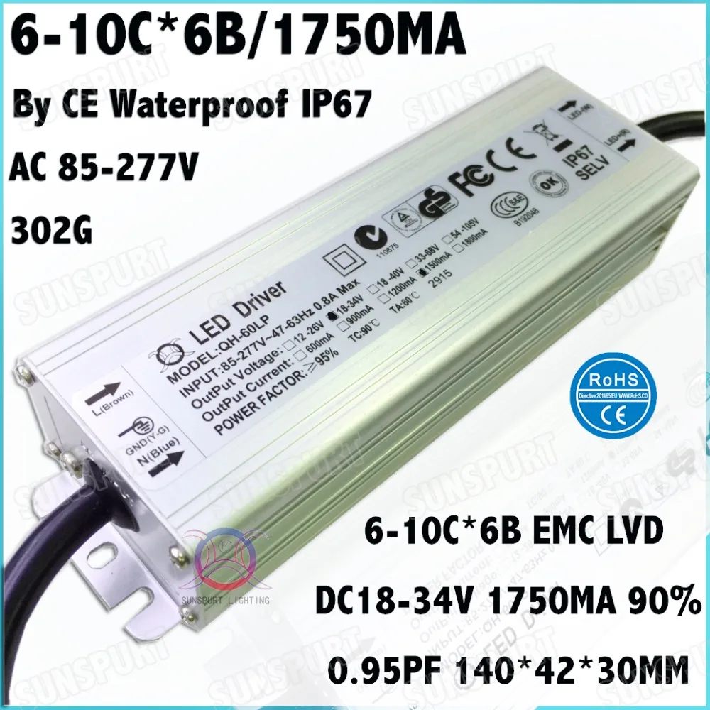 

2Pcs By CE Waterproof IP67 PFC 60W AC85-277V LED Driver 6-10Cx6B 1.8A DC18-34V Constant Current For LED Spotlights Free Shipping