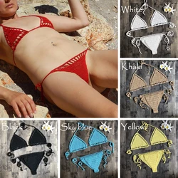 Women's Sexy Micro Bikini Crochet Cotton Thong G String Lingerie Triangle Bikini Top Bra Solid Bottom Beach Swimwear