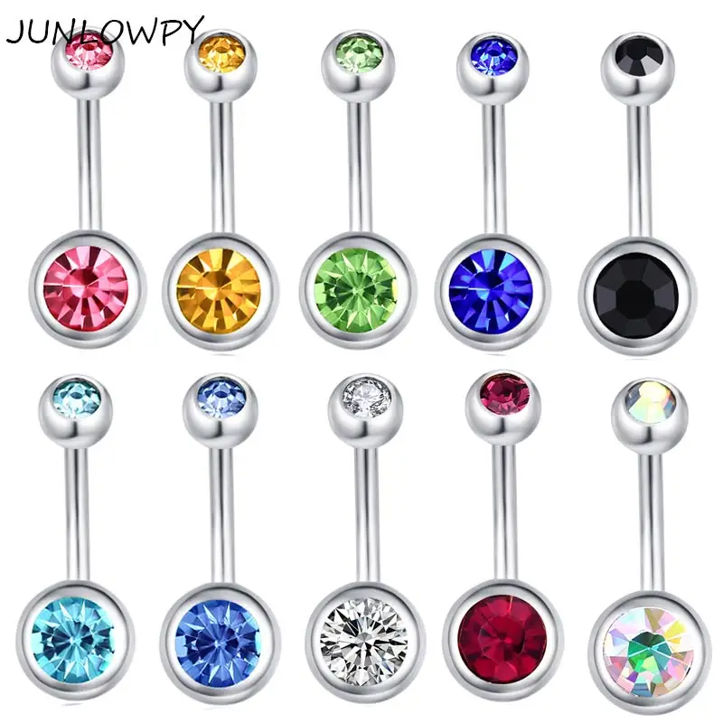 

JUNLOWPY 14G Belly Button Ring Surgical Steel Cute Navel Rings Bar Piercing Body Jewelry with CZ Double Gem for Women Men 50pcs