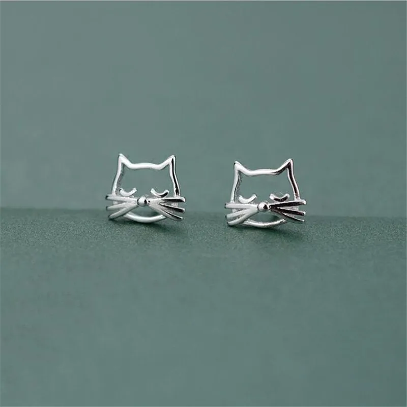 New Korean Style Fashion Cute Animal 925 Sterling Silver Jewelry Hollow Bearded Cat Personality Simple Stud Earrings  E125