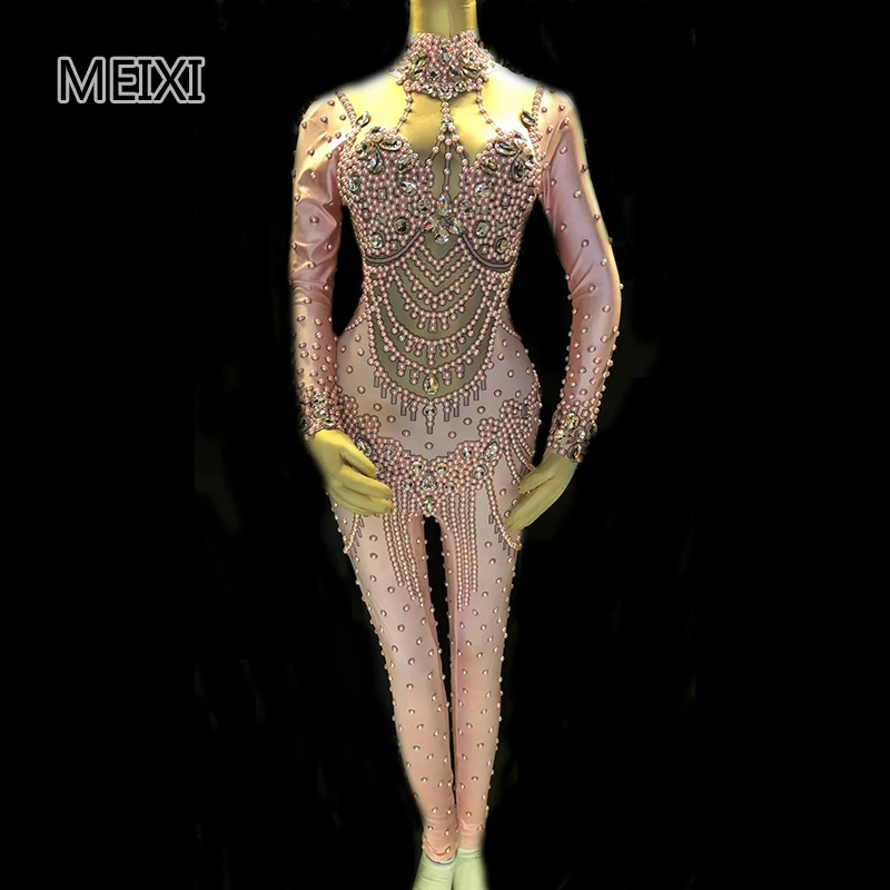 

Unique rich pink pearl rhinestone club concert singer and dancer costume
