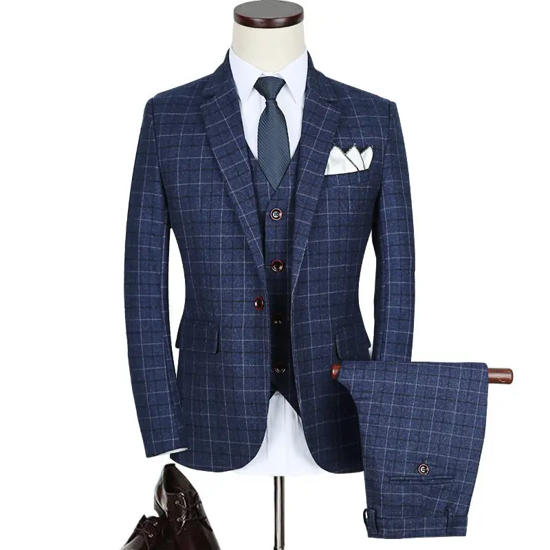 3-piece Set ( Jacket + Vest + Pants ) High-end Brand Boutique Men\'s Plaid Formal Suit Groom Wedding Dress Banquet Suit Mens Set
