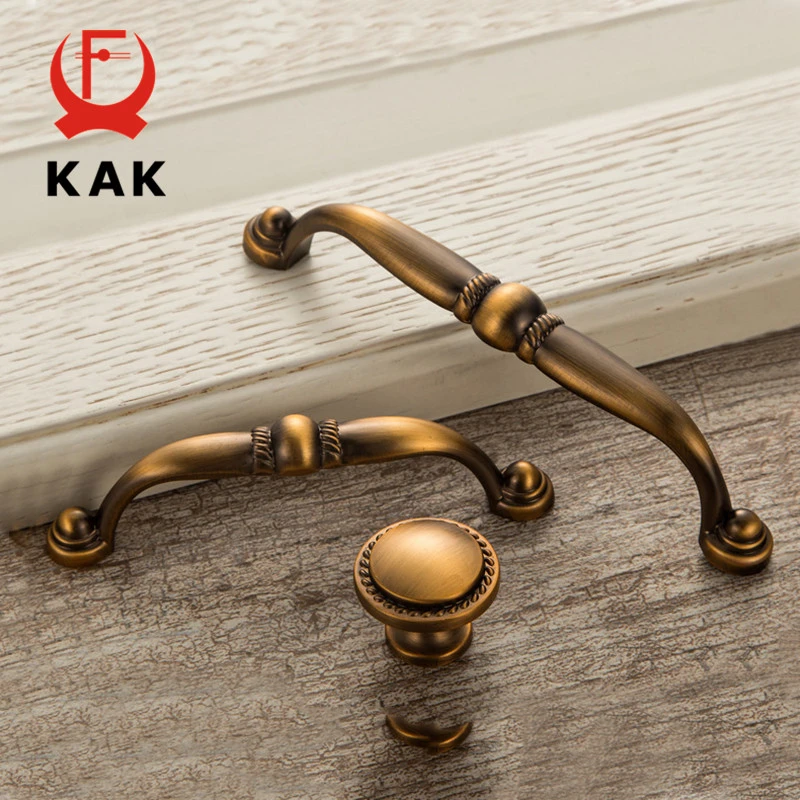 KAK Vintage Antique Yellow Bronze Cabinet Handles European Style Drawer Knobs Cupboard Wardrobe Door Handles Furniture Handles