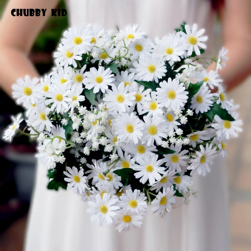 100% Hi-Q artificial small daisy flowers Bridal bouquet 28cm large Bridesmaid Wedding Decoration White Romantic Wedding bouquet