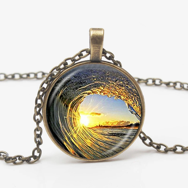 Romantic Wave Orange Sky Sunset Pattern Pendant Ocean Surf Photo Glass Dome Pendant Sweater Chain Man Woman Valentine\'s Day Gift