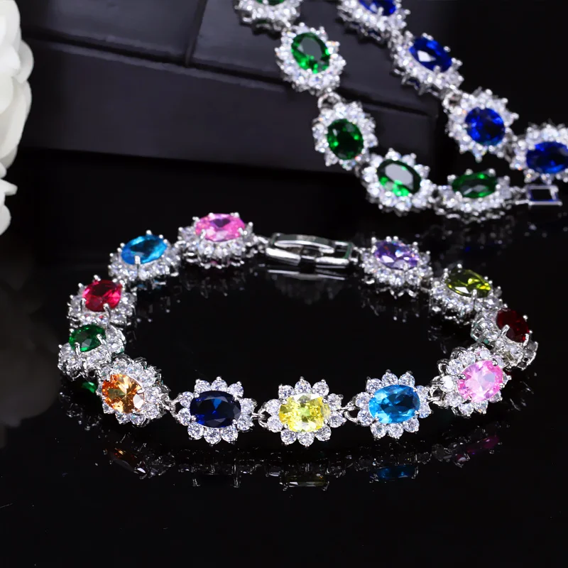 CWWZircons Beautiful Elegant Design White Gold Color Big Red CZ Crystal Flower Charm Bracelets Bangle for Women Jewelry CB161