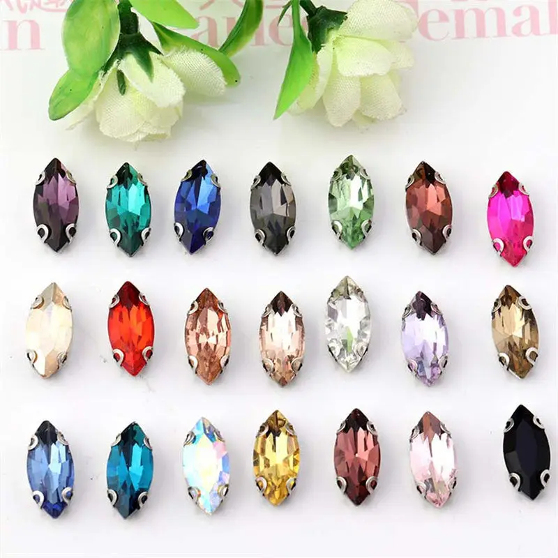 

100pcs/lot 7*15mm Crystal Colorful Sew on Rhinestone with Claw Setting Silver Back Fancy Stone with Metal Claw with Holes Diy