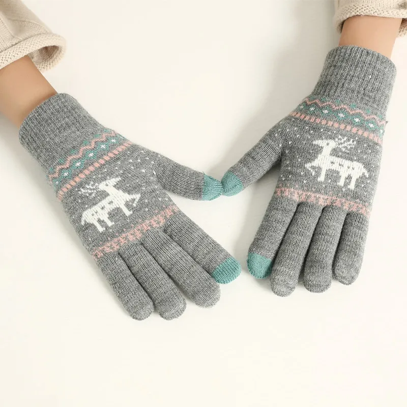 Vintage Deer Knitted Gloves Women Double Layer Thicken Touch Screen Winter Warm Snow Full Finger Mittens Xmas Gift Luvas 1Pairs