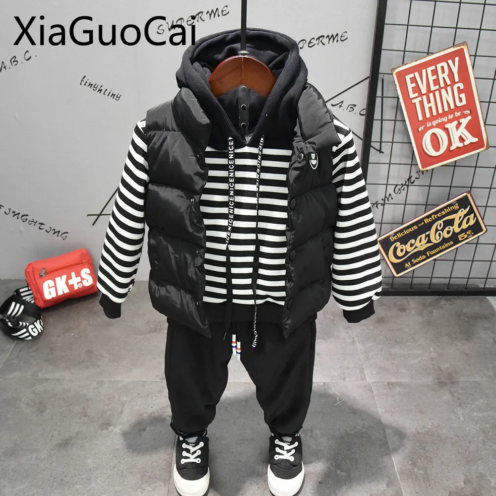 

Kids Fashion Clothes Sets 2018 Winter Thick Cotton Boys Hoodies Sweatshirt Kids Vest Pants Three-piece Suit Kids Winter Jacket