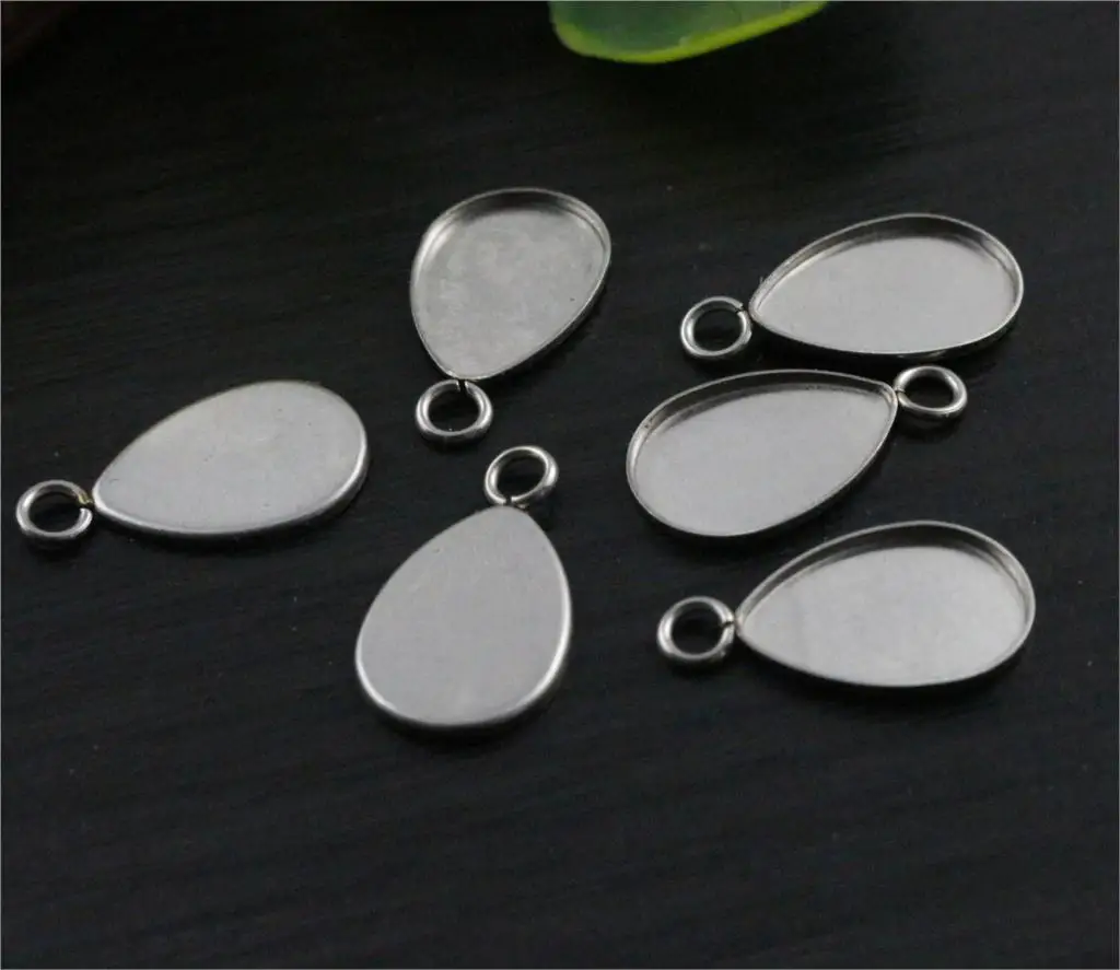 ( No Fade ) 20pcs 10x14mm Inner Size Stainless Steel Material Drop Style Cabochon Base Cameo Setting Pendant Tray (T7-48)