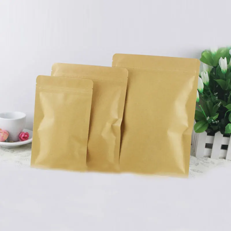 50pcs Flat Brown Gift Bag Paper Kraft Bag Aluminum Foil For Wedding/Candy/Tea Kraft Bags Craft No Stand Up Ziplock Packing Bag