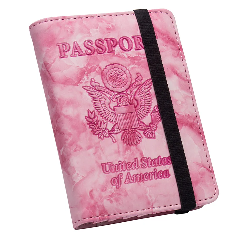 

USA Pink glossy marble PU leather Passport Holder complex Cute Business Credit Card Passport Cover with Elastic String