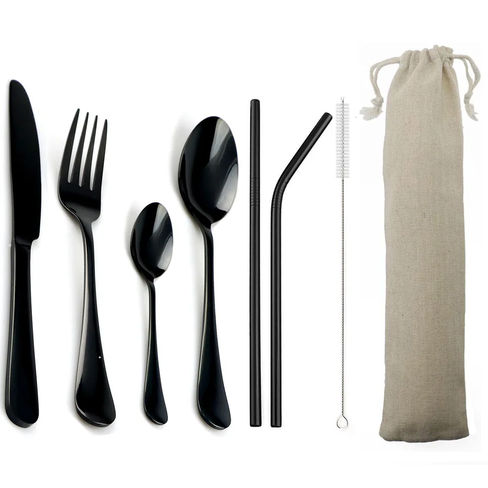 4-Pcs Blue Dinnerware with 2-Pcs Metal Straw Stainless Steel Colorful Tableware Knife Fork Teaspoon Silverware Cutlery